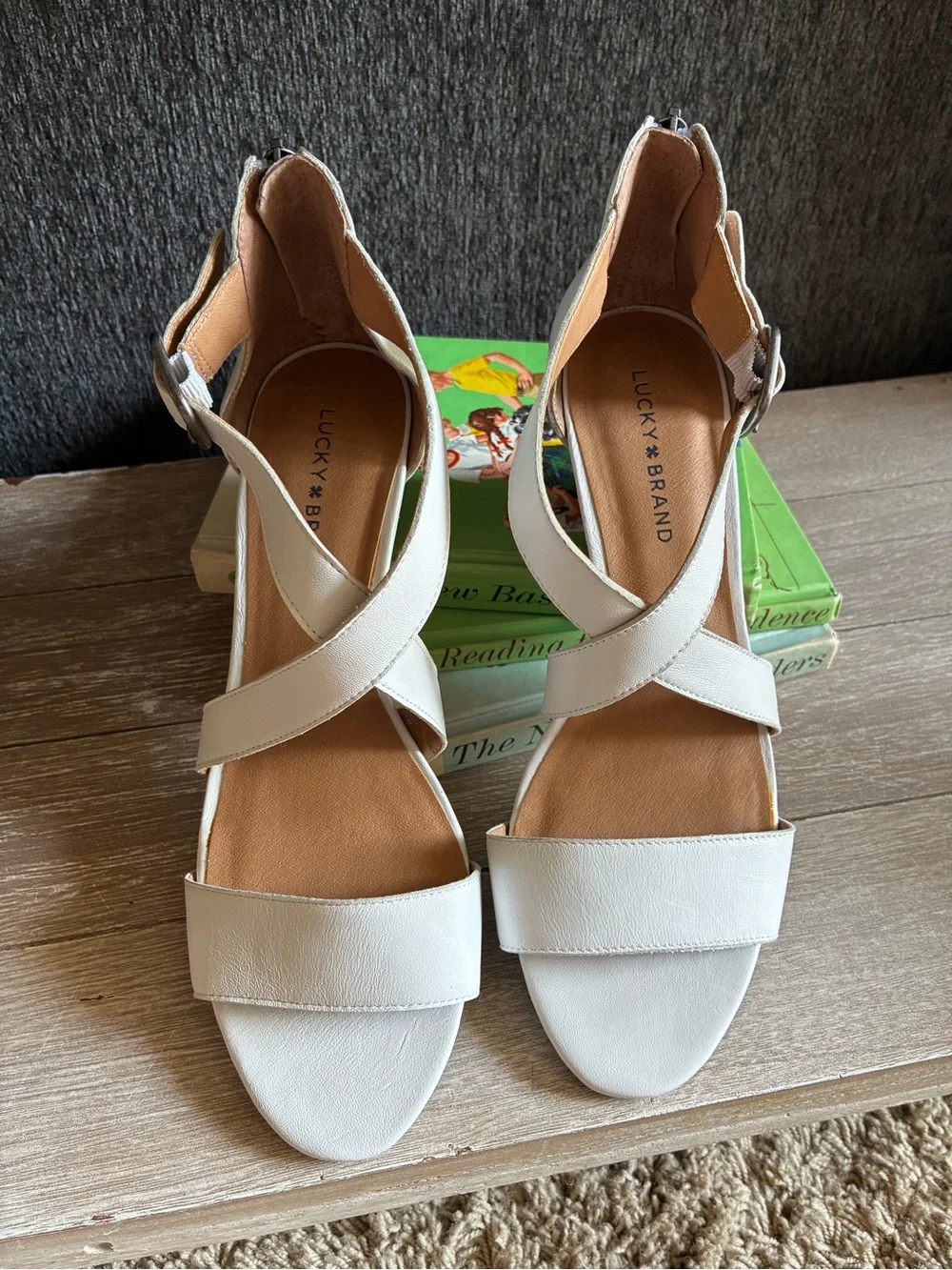 Lucky Brand White Strappy Wedge Sandals with Ankle Buckle